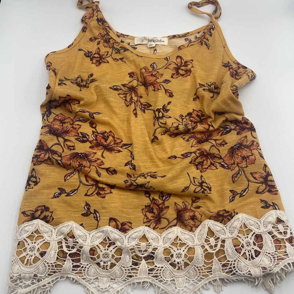 Rewind Women's M Floral Crocheted Lace Boho Hippie Tank‎ Mustard Yellow Babydoll